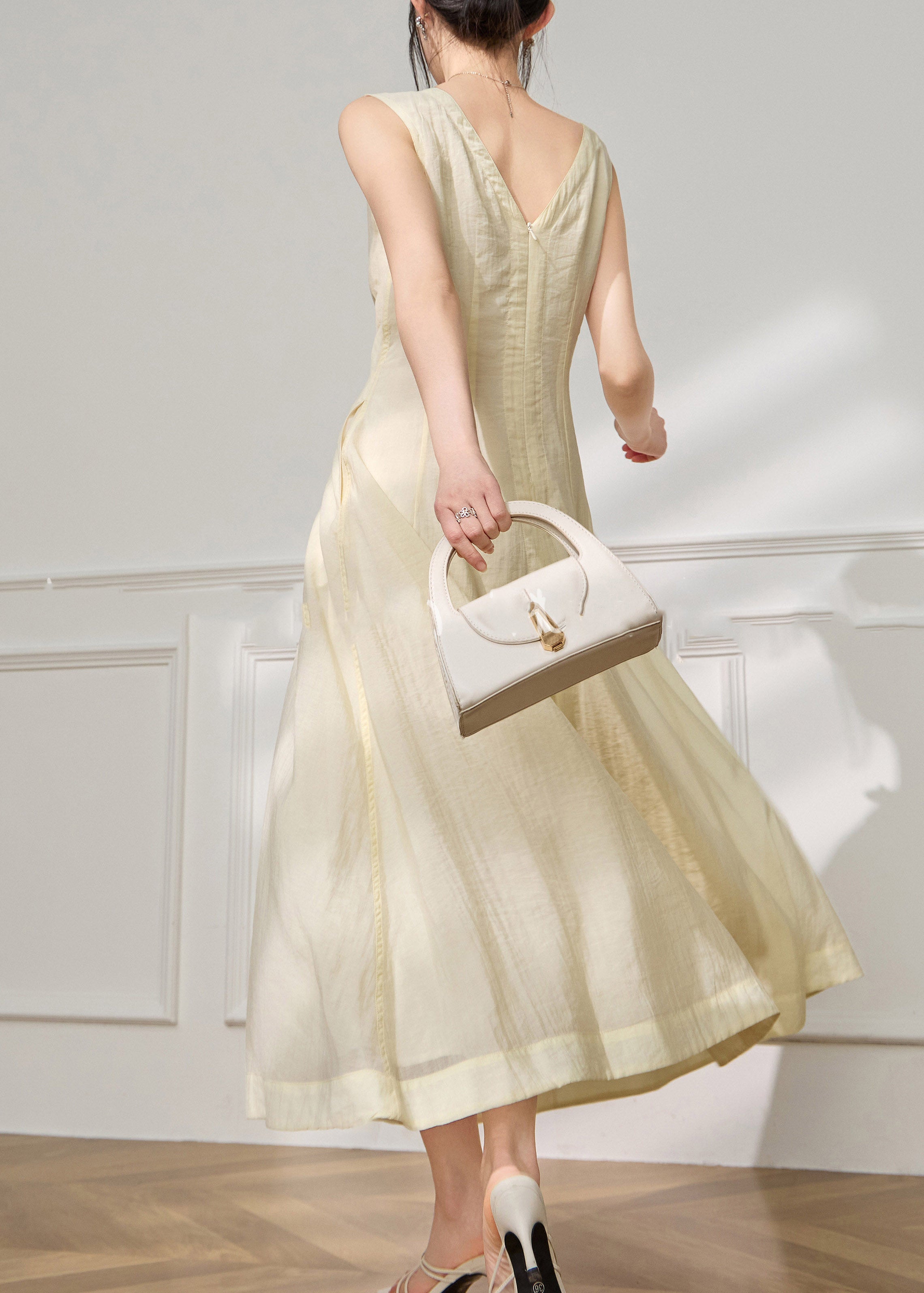 Italian Beige V Neck Patchwork Party Long Dress Summer