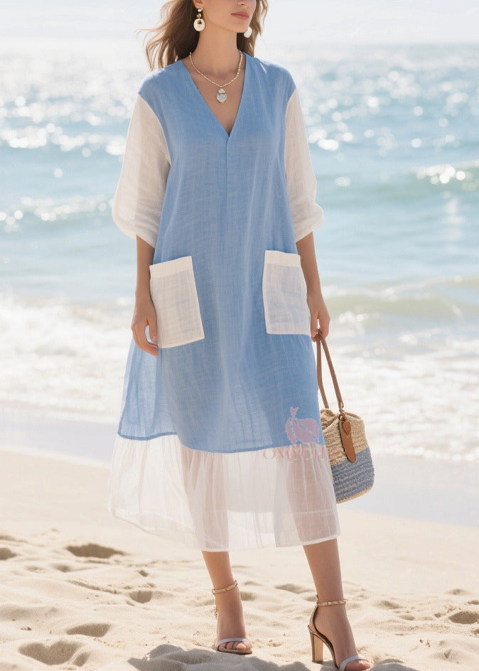 Italian Blue Oversized Patchwork Cotton Holiday Dress Summer