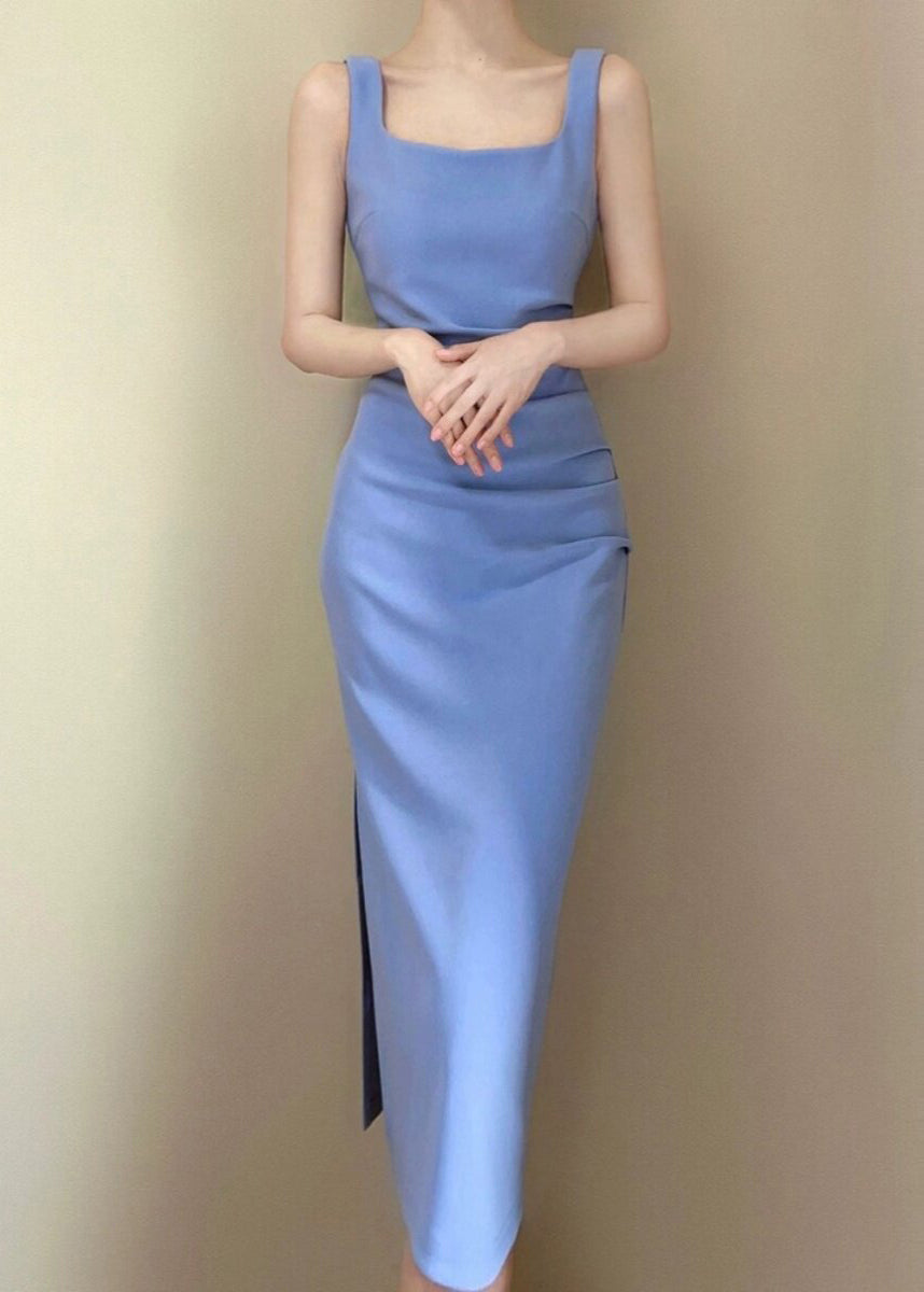 Italian Blue Side Open Wrinkled Cotton Dress Sleeveless