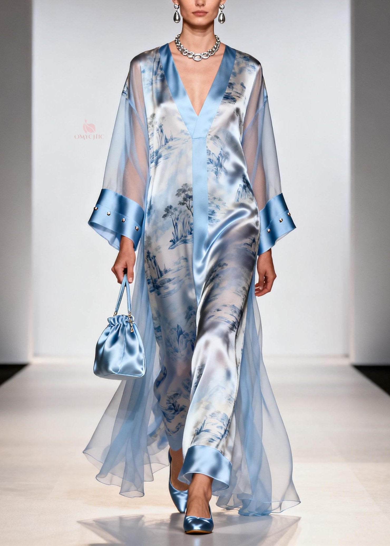 Italian Blue V Neck Print Zircon Chiffon Dresses Summer