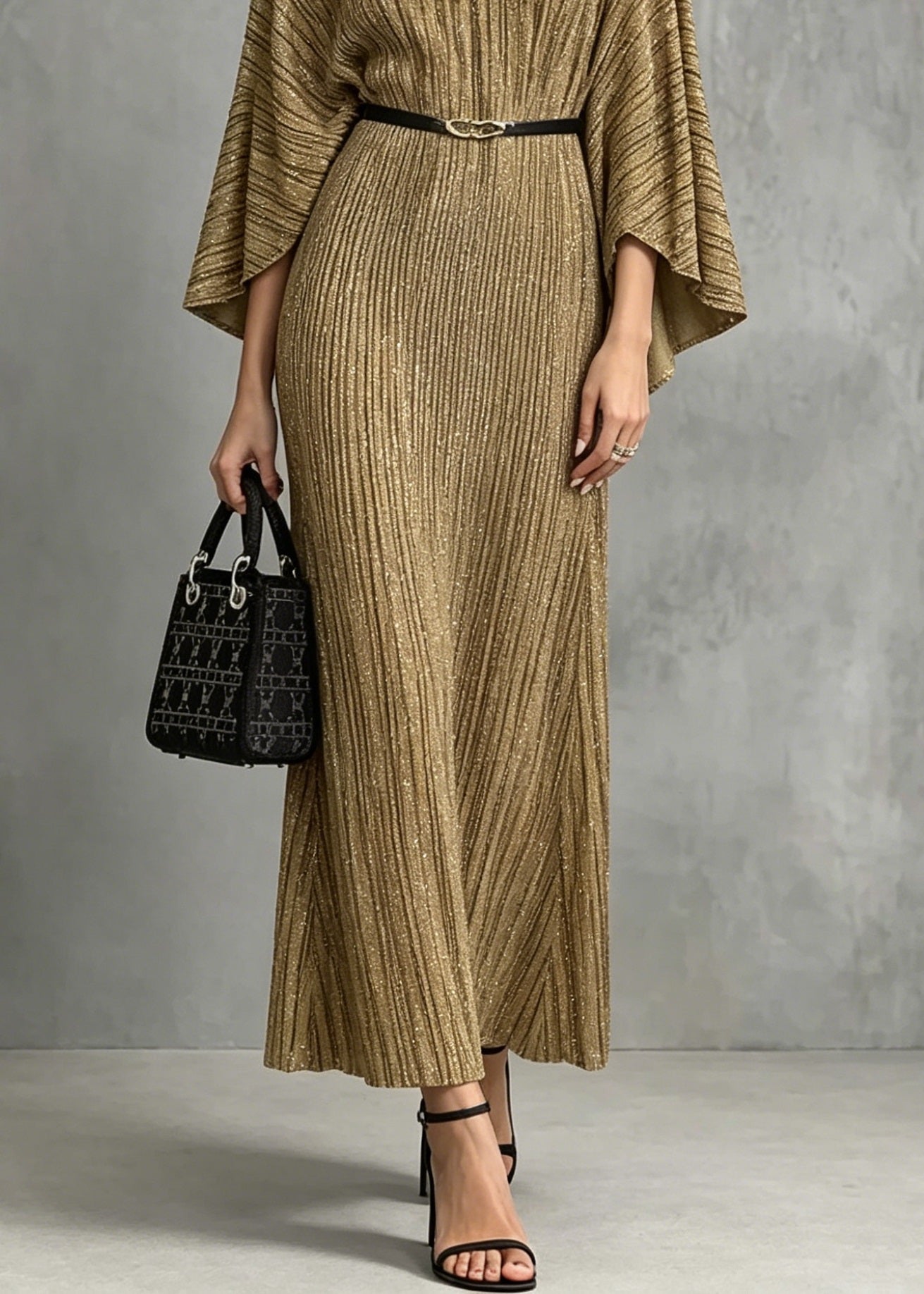 Italian Gold V Neck Long Dresses Batwing Sleeve