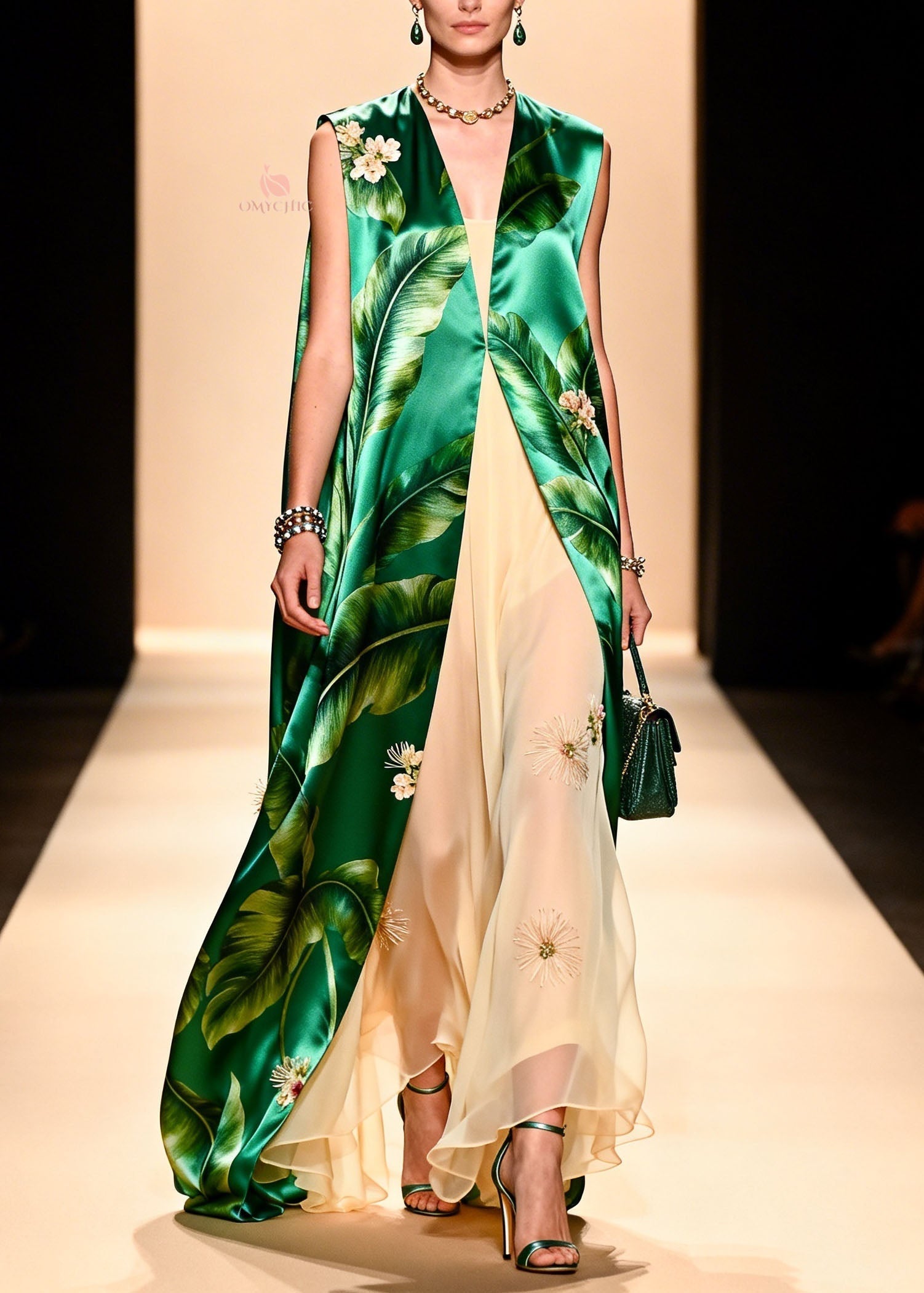 Italian Green Print Silk Cardigans And Chiffon Dresses Two Pieces Set Summer