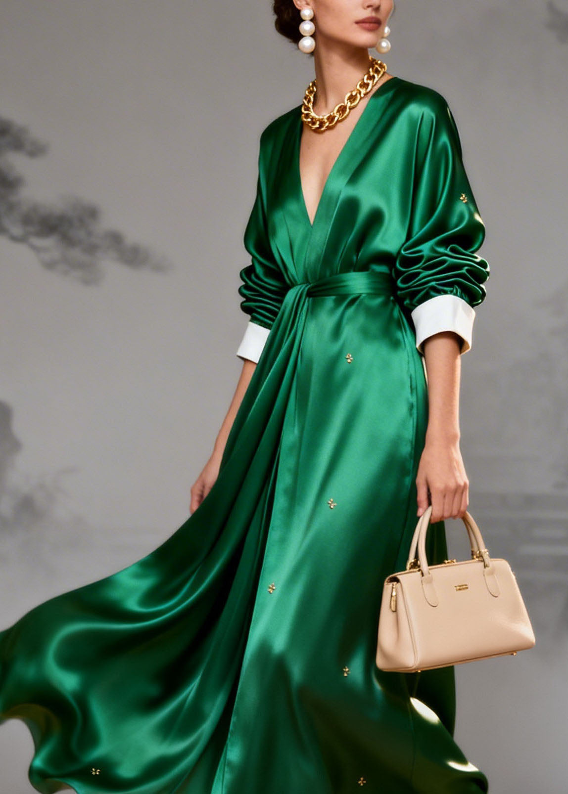 Italian Green V Neck Patchwork Silk Maxi Dresses Summer