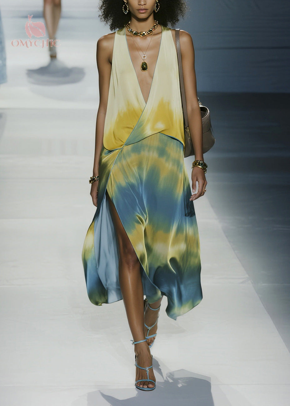 Italian Tie Dye Side Open Chiffon Maxi Dresses Sleeveless