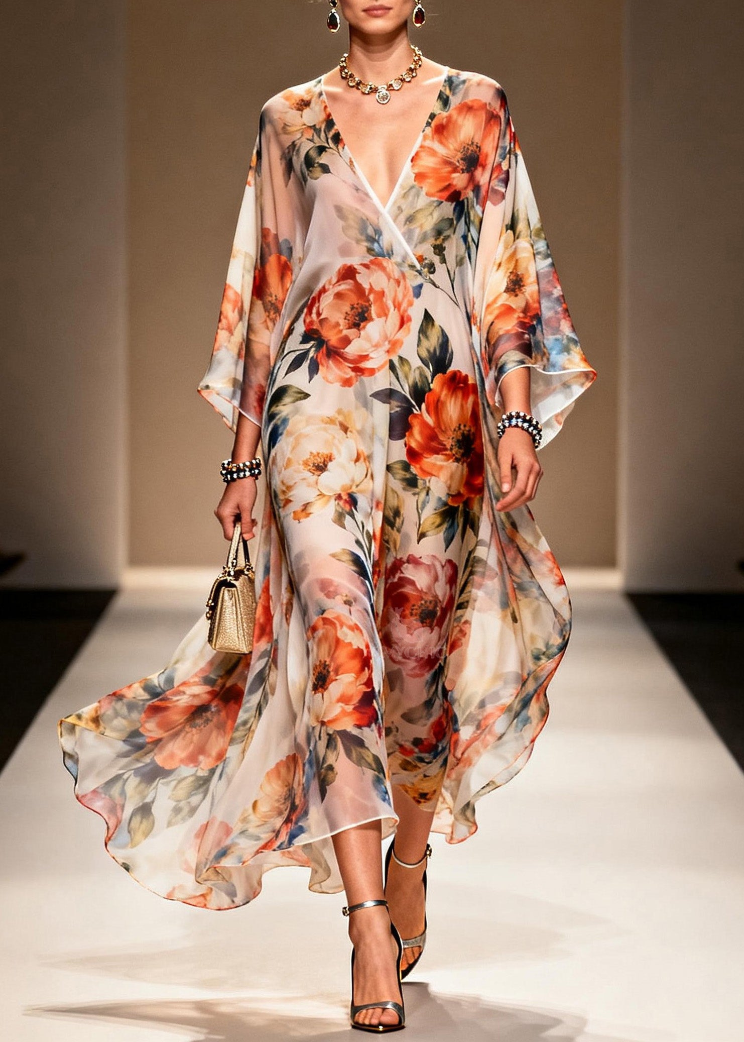 Italian V Neck Print Chiffon Long Dresses Summer