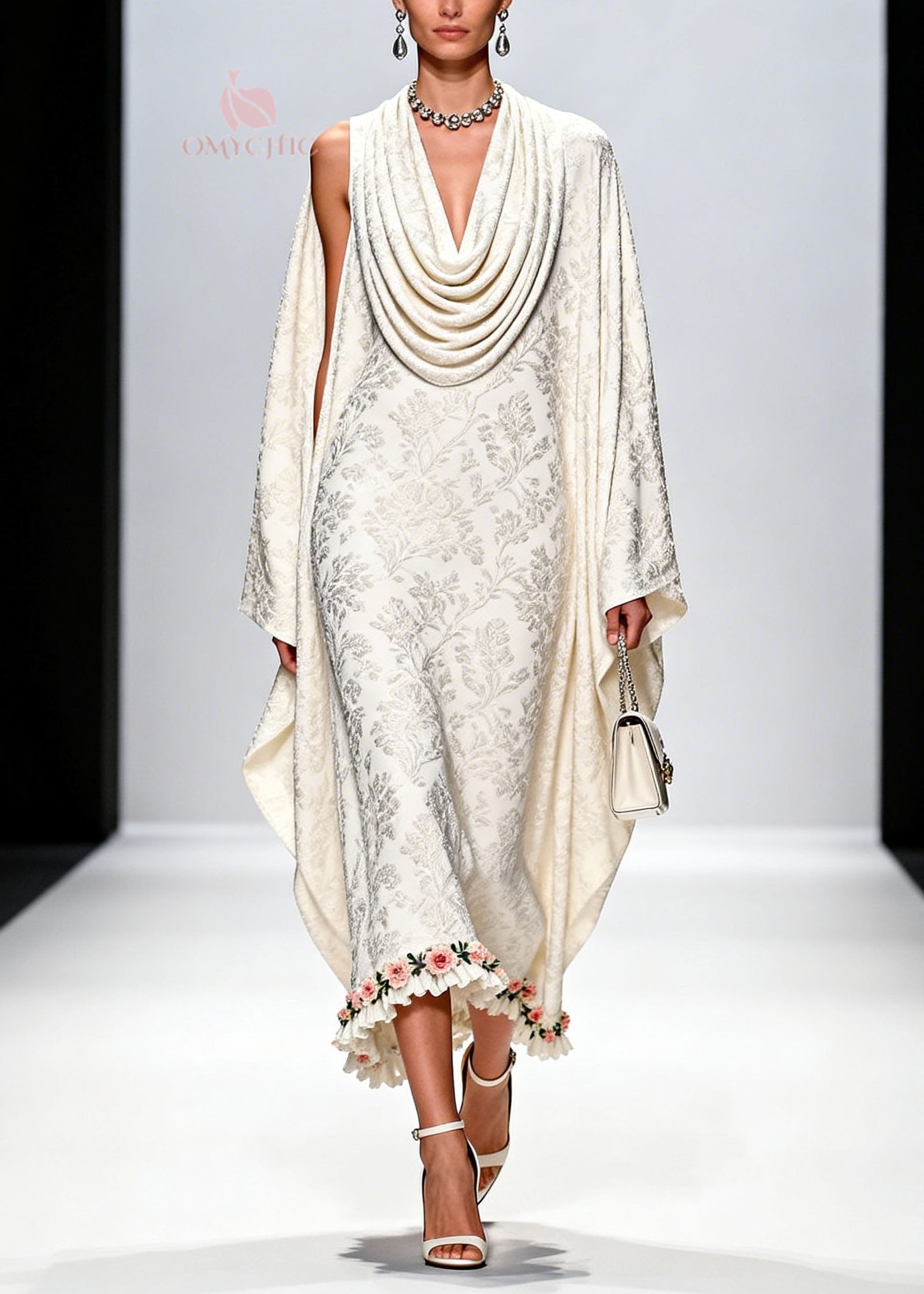 Italian White Draped Neckline Print Ruffled Floral Silk Dress Fall