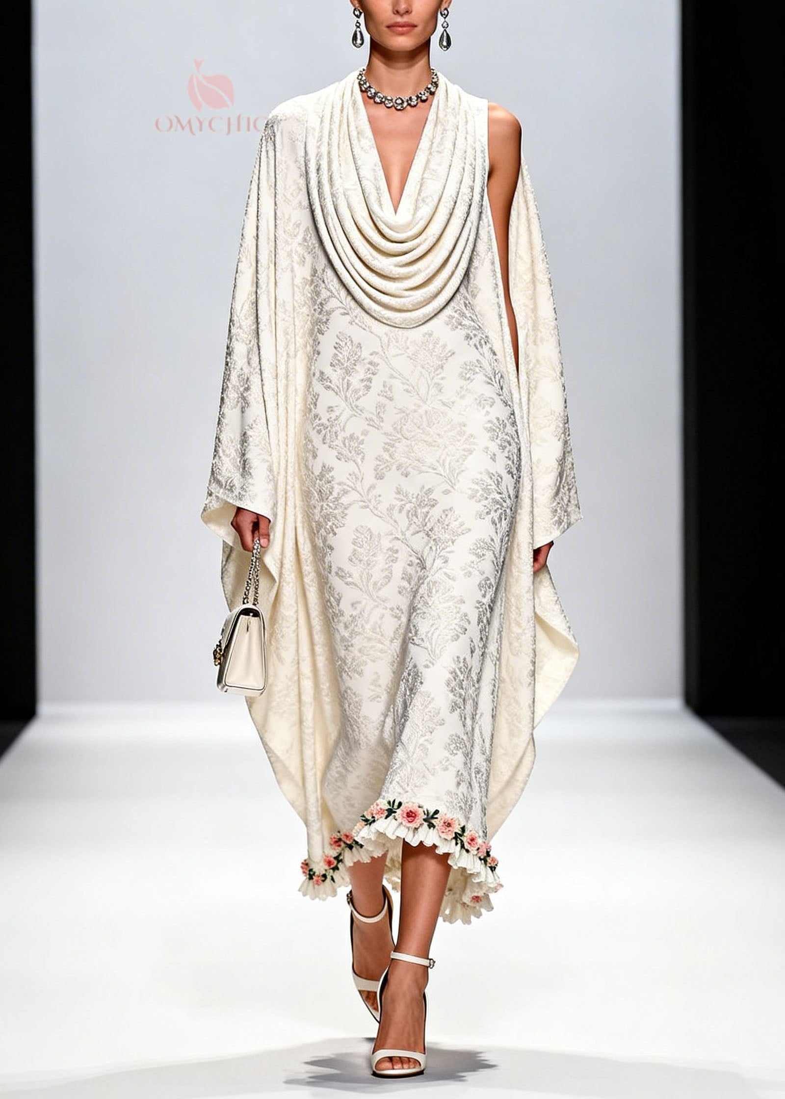 Italian White Draped Neckline Print Ruffled Floral Silk Dress Fall