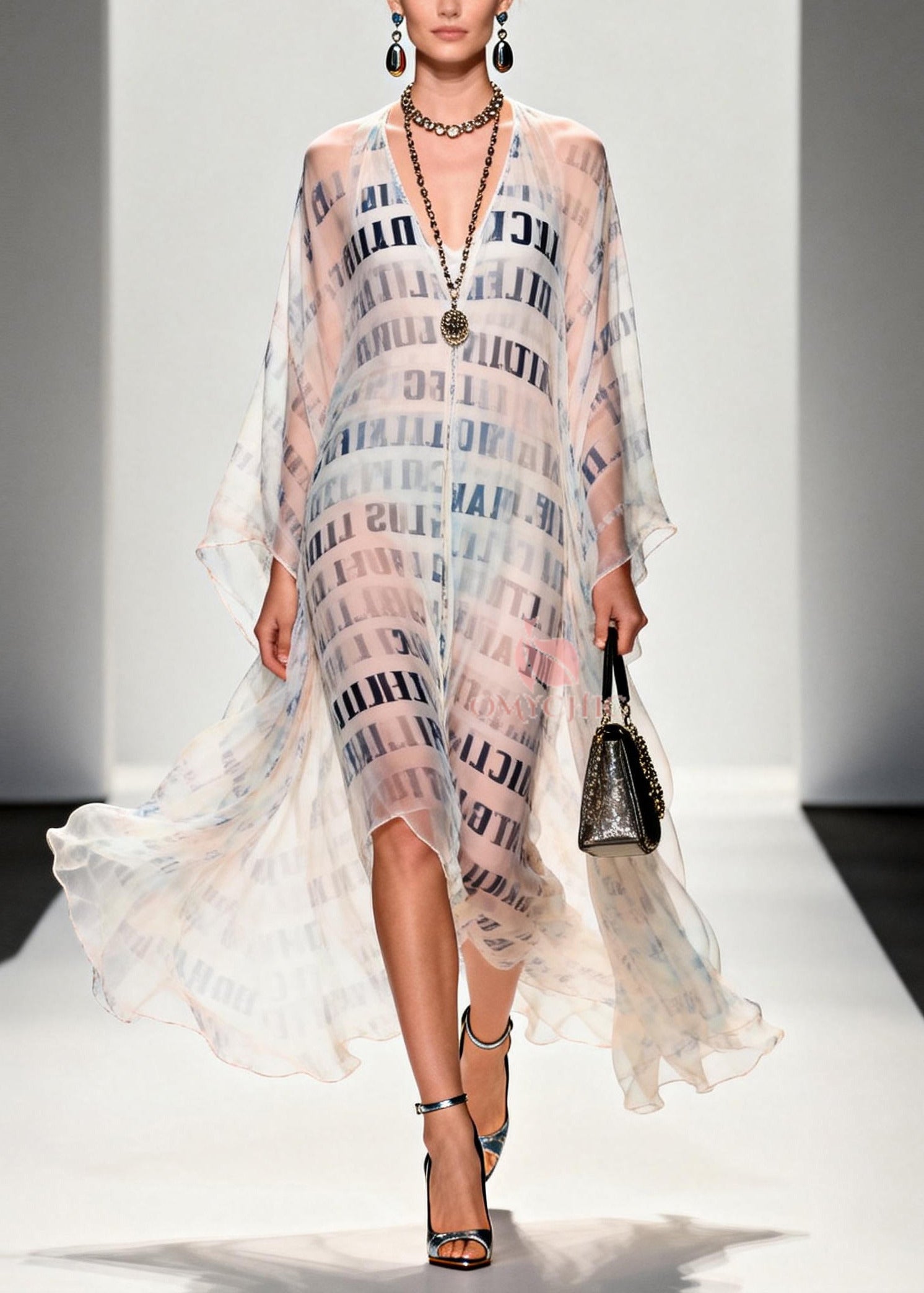 Italian White Letter Print Draping Chiffon Sheer Dress Summer