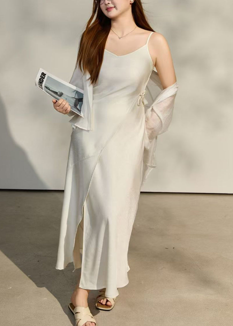Italian White Tie Waist Side Open Satin Mini Dress Summer