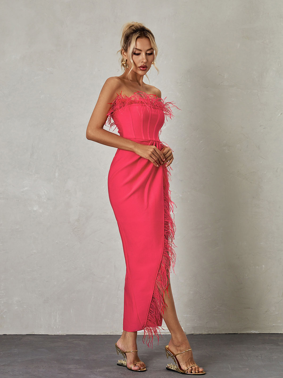 Strapless Feather Trim Ruched High Slit Bandage Bodycon Maxi Dress
