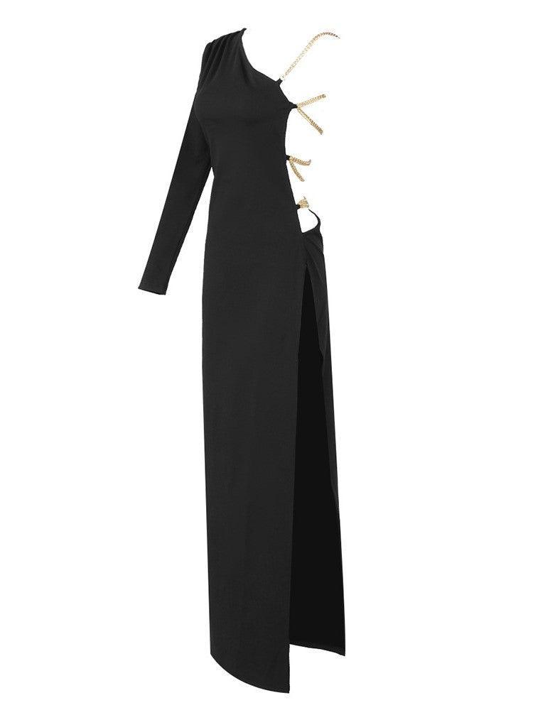 One Shoulder Chain Lace-Up Backless High Slit Bodycon Maxi Dress