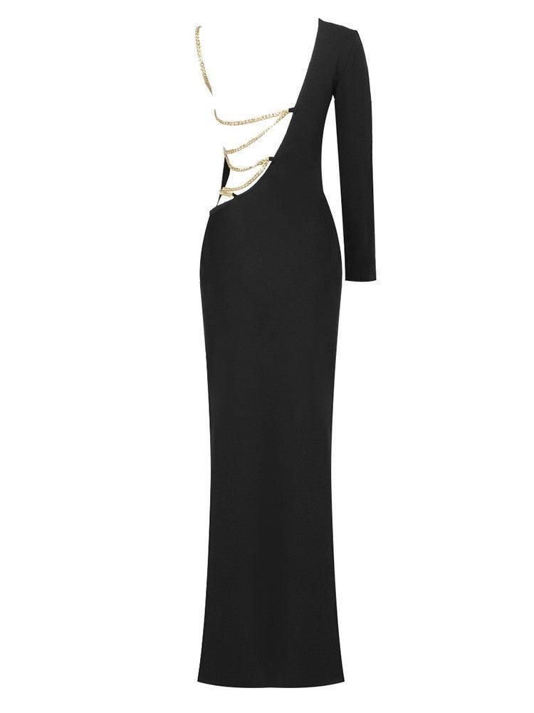 One Shoulder Chain Lace-Up Backless High Slit Bodycon Maxi Dress
