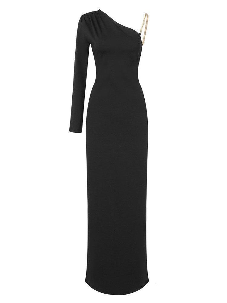 One Shoulder Chain Lace-Up Backless High Slit Bodycon Maxi Dress