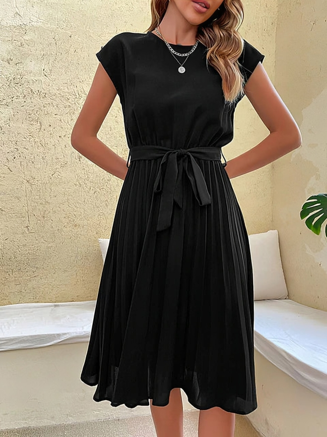 Fiona Premium Chic Short Sleeved Dress with Tie Belt Everyday Luxe Edit