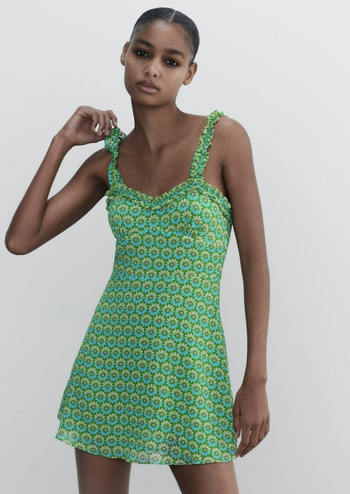 Green Floral Ruffled Strap Mini Dress