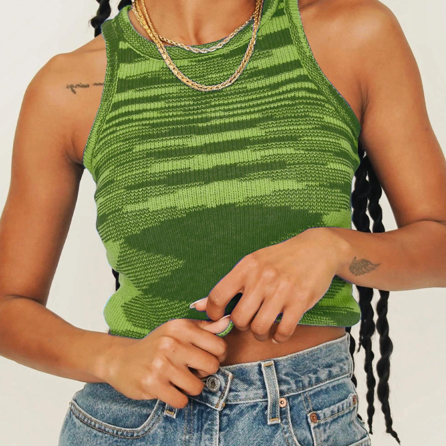 High Neck Contrast Knit Crop Tank