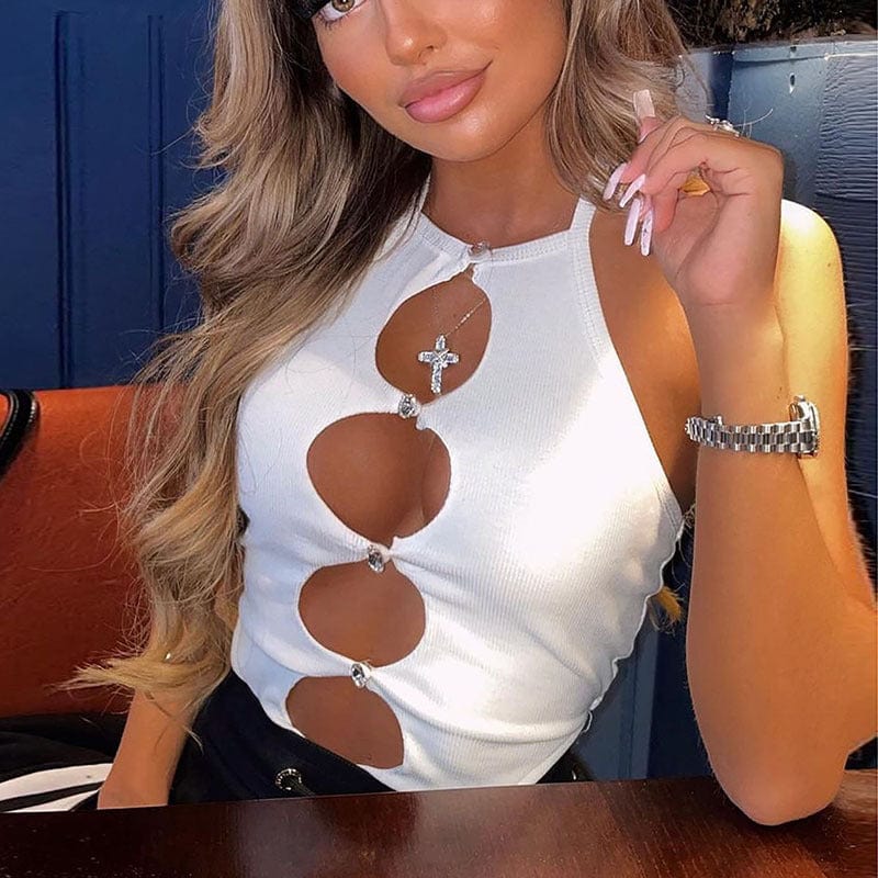 Halter Cut Out Gem Button One-Piece Bodysuit