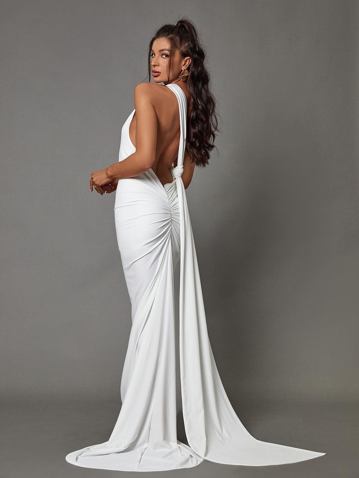 Halter Neck Backless O-Ring Ruched Draped Maxi Gown 5