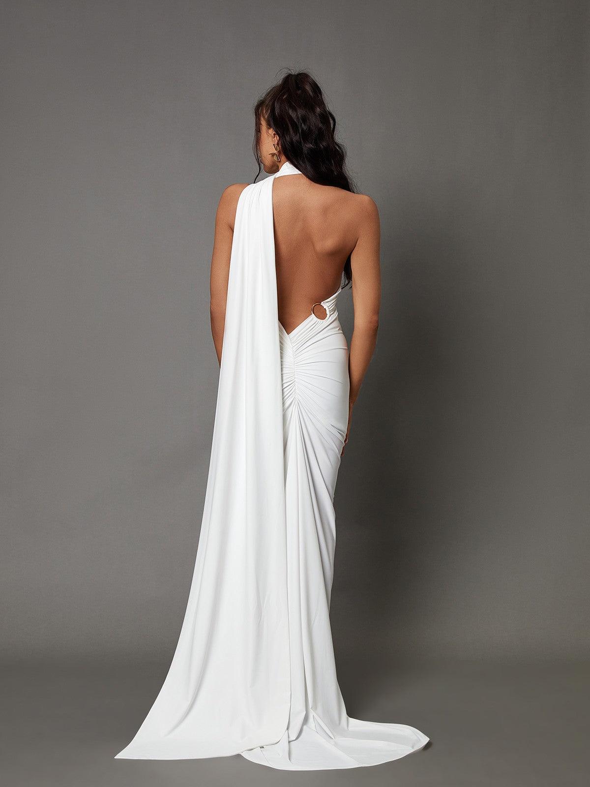 Halter Neck Backless O-Ring Ruched Draped Maxi Gown
