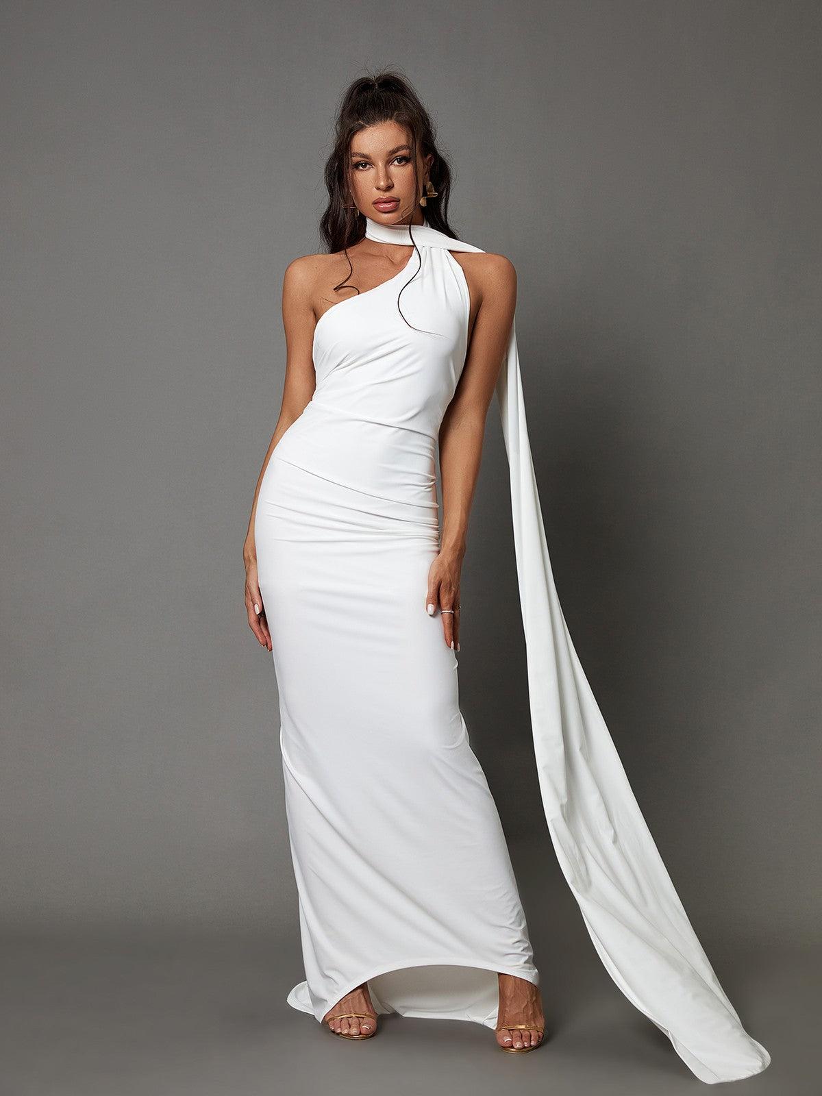 Halter Neck Backless O-Ring Ruched Draped Maxi Gown 3
