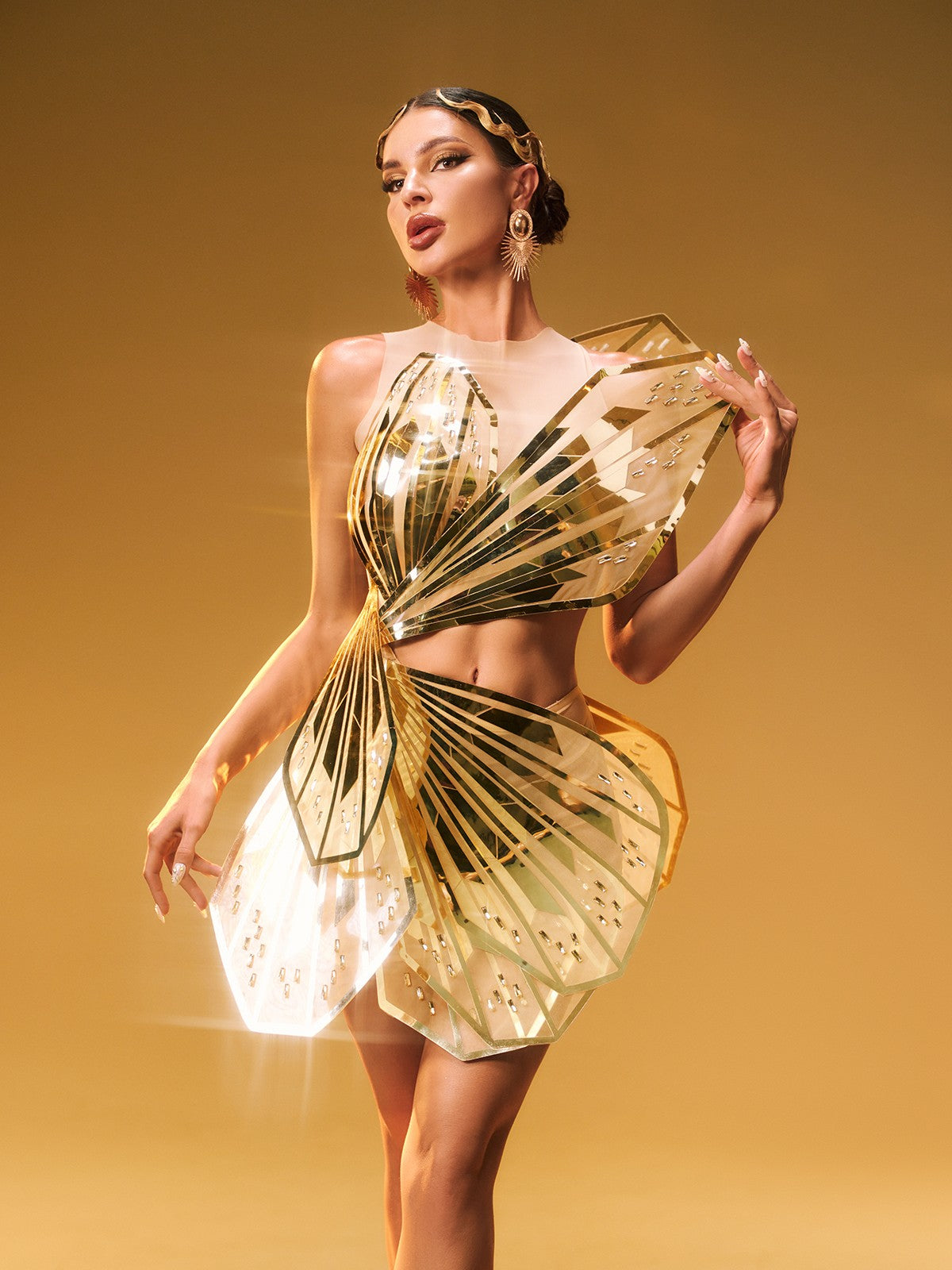 Butterfly Embellished Cutout Mini Dress In Gold