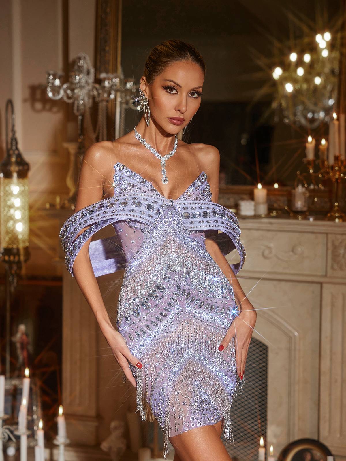Off Shoulder Rhinestone Fringe Mini Dress In Purple
