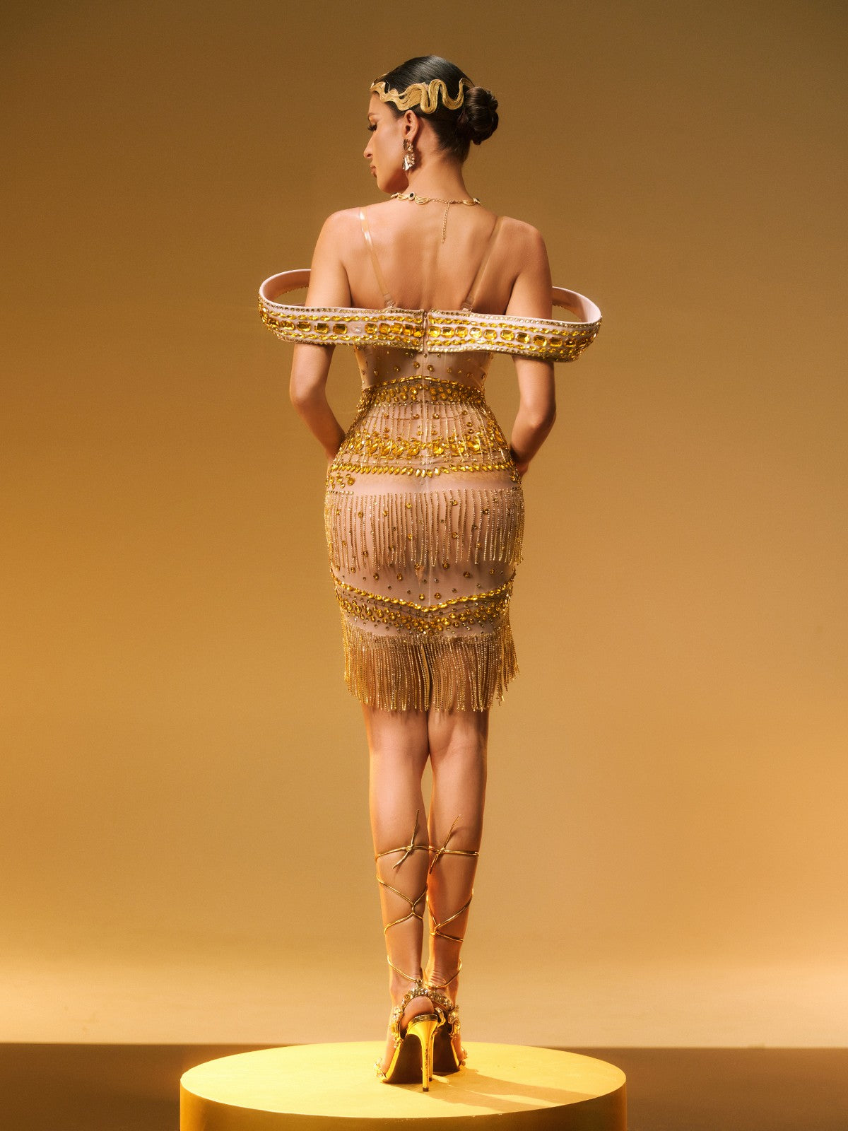 Off Shoulder Rhinestone Fringe Mini Dress In Gold