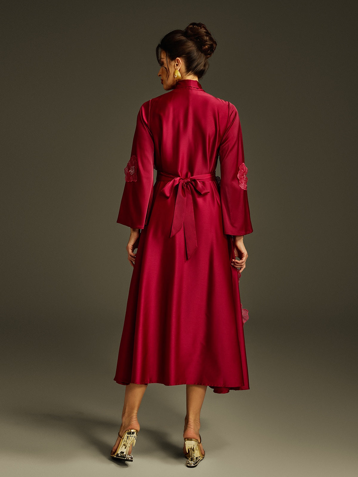 Tie Up Flower Satin Maxi Dress In Wine