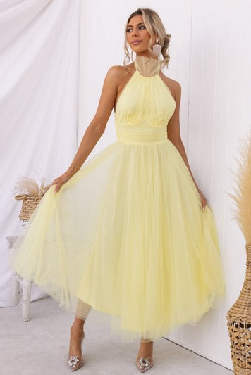 Halter Neck Sleeveless Tulle Fit-and-Flare Maxi Dress
