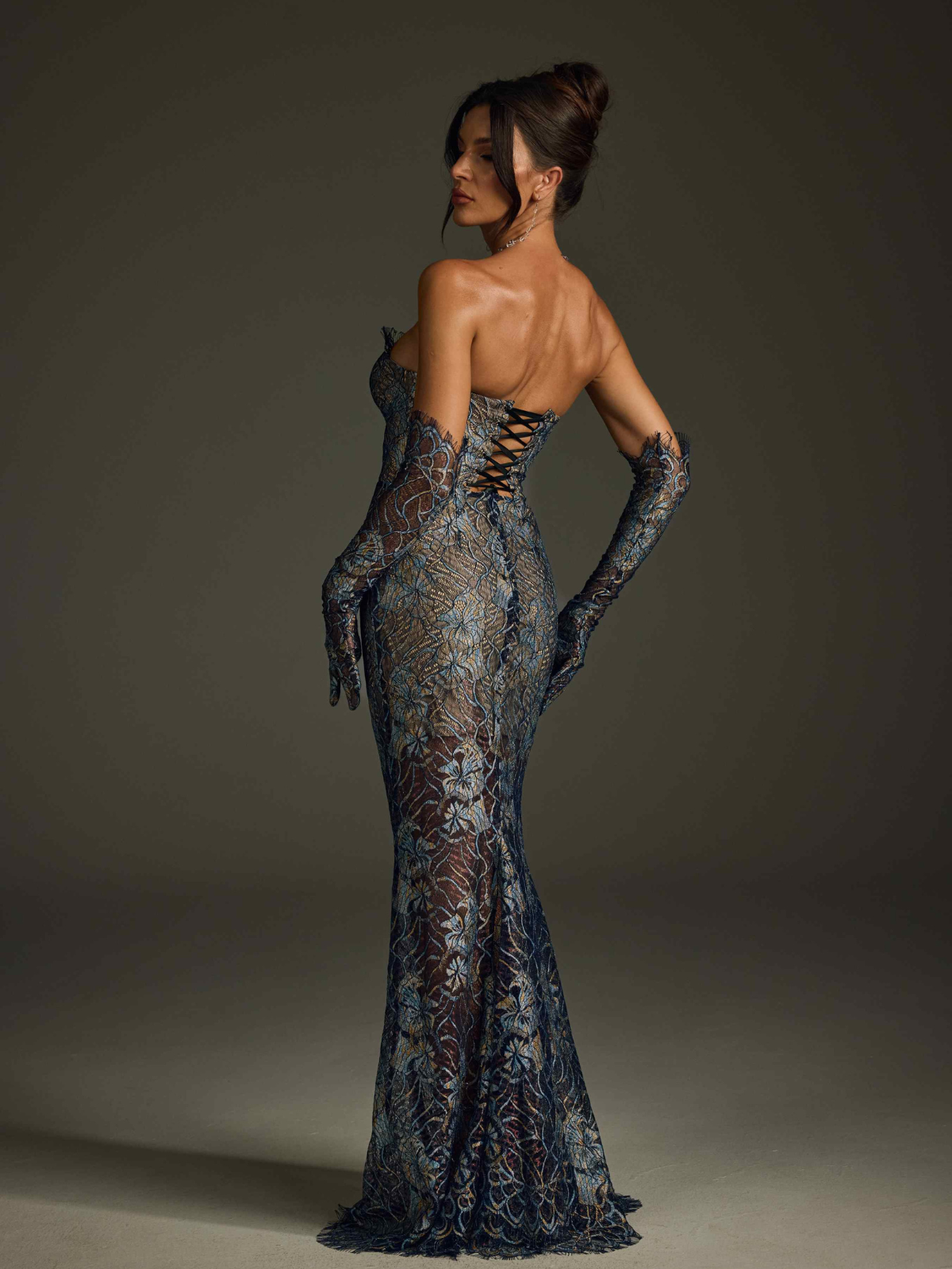 Strapless Lace Floral Maxi Dress In Navy