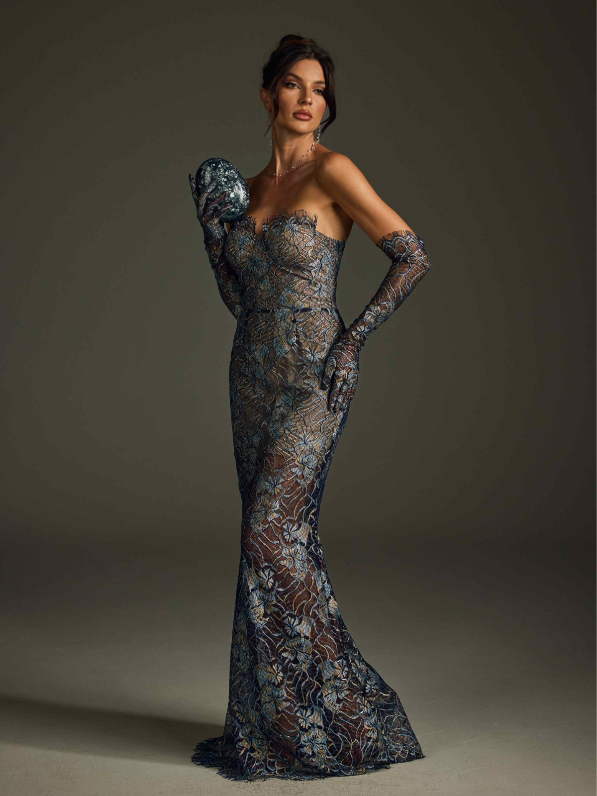 Strapless Lace Floral Maxi Dress In Navy