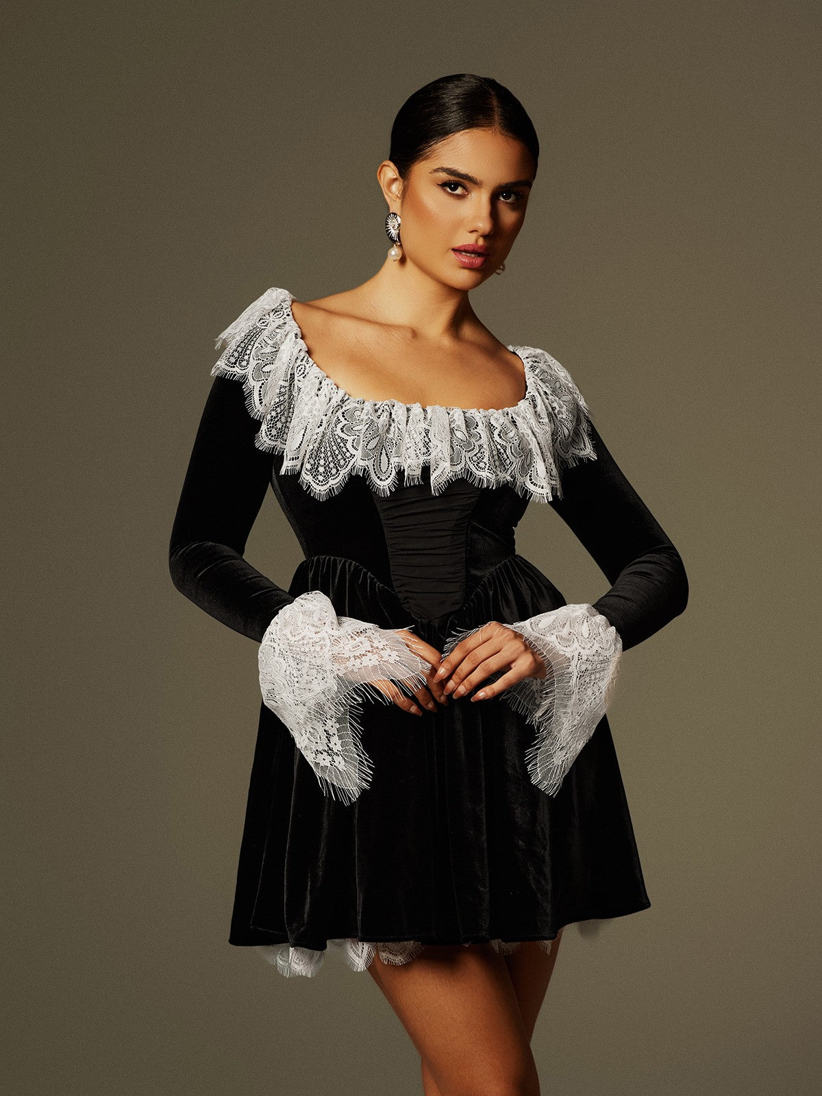 Lace Trimmed Velvet Mini Dress