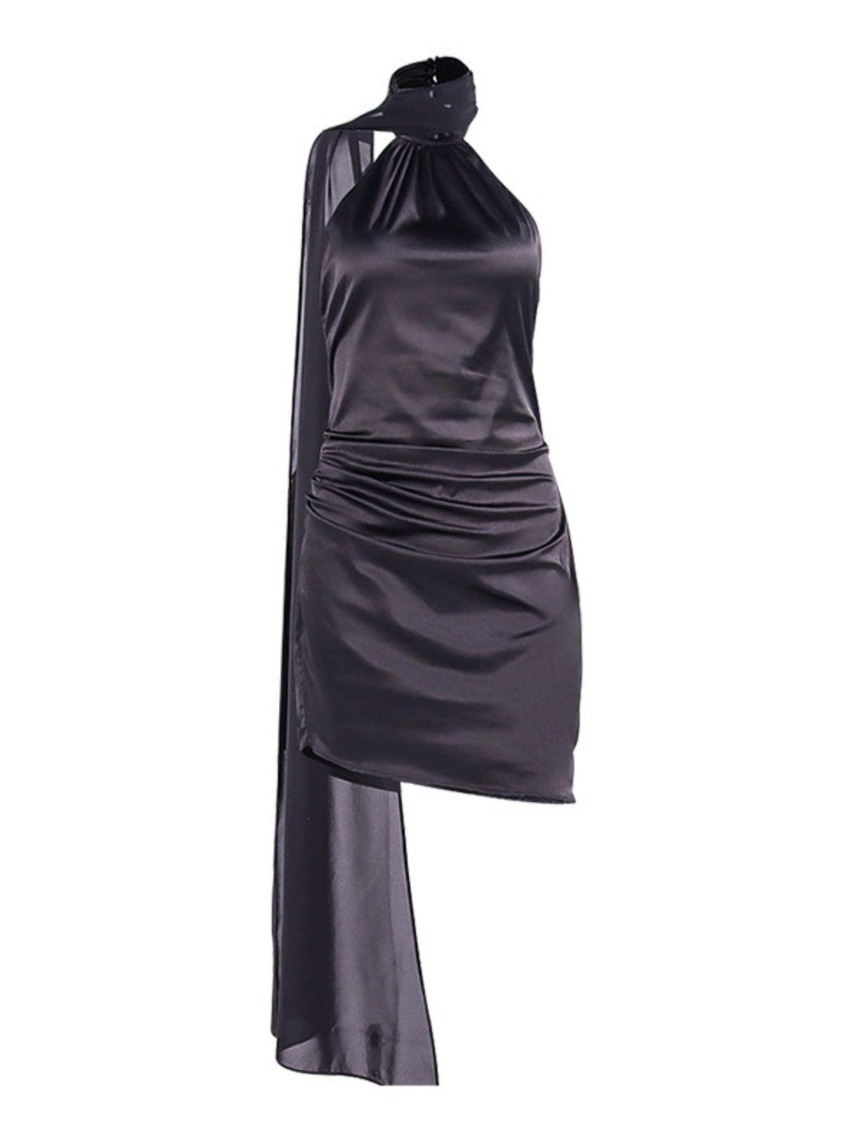Halter Neck Ruched Satin Asymmetric Draped Bodycon Mini Dress