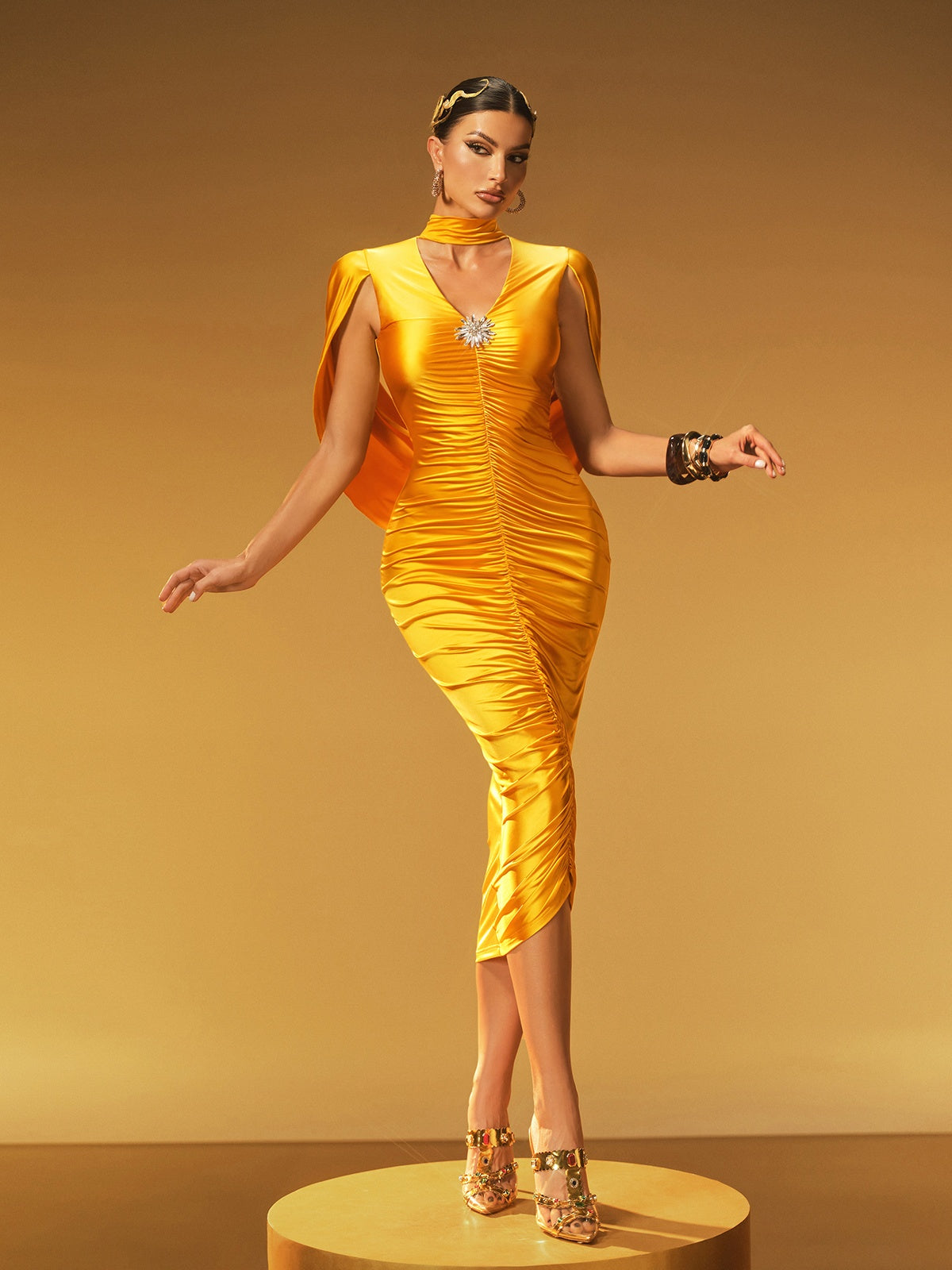 V Neck Ruched Midi Dress