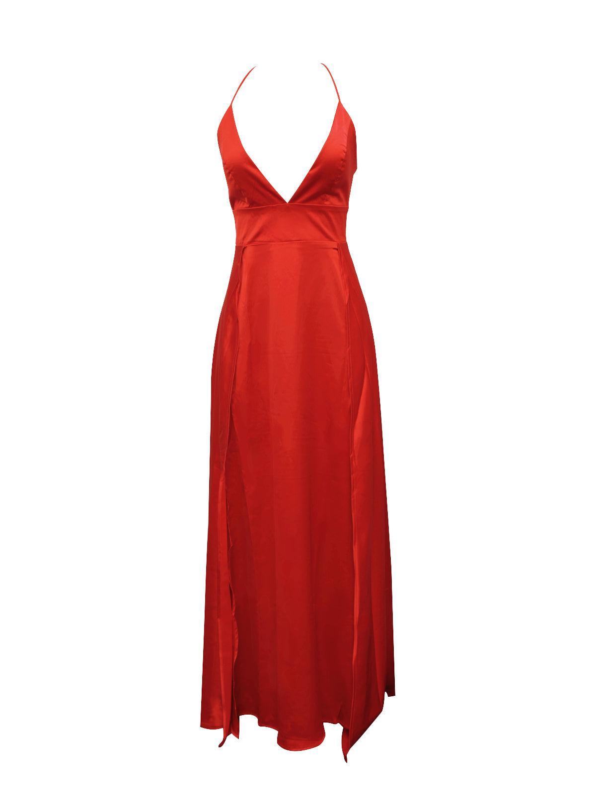 Spaghetti Strap Satin Lace-Up Back High Slit Maxi Dress