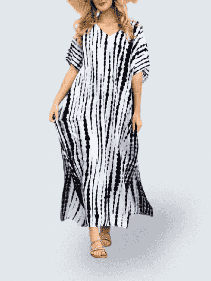V-Neck Tie-Dye Stripe Short Sleeve Loose Kaftan Maxi Dress