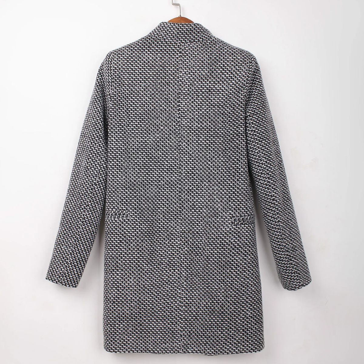Black/white Notch Lapel Textured Tweed Single-Button Coat 2