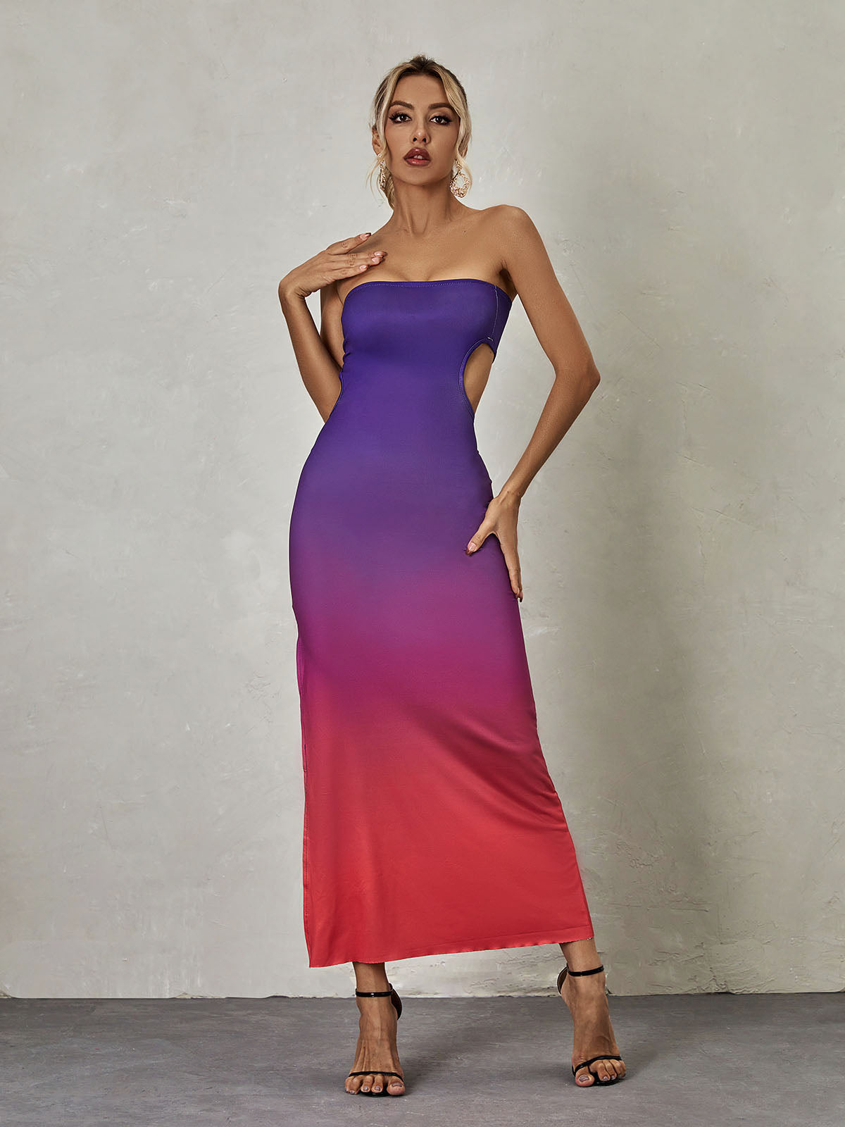 Strapless Ombre Side Cutout Bodycon Maxi Dress