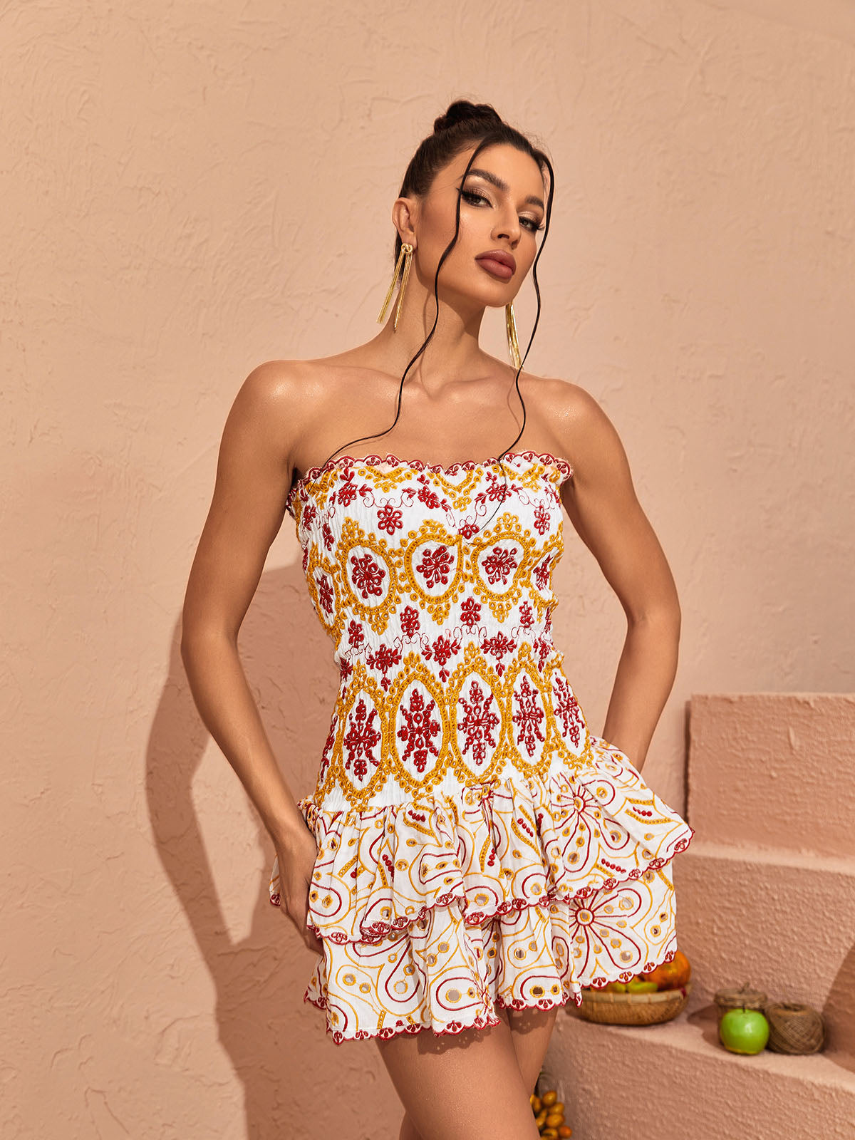 Strapless Floral Embroidered Eyelet Ruffle Tiered Mini Dress