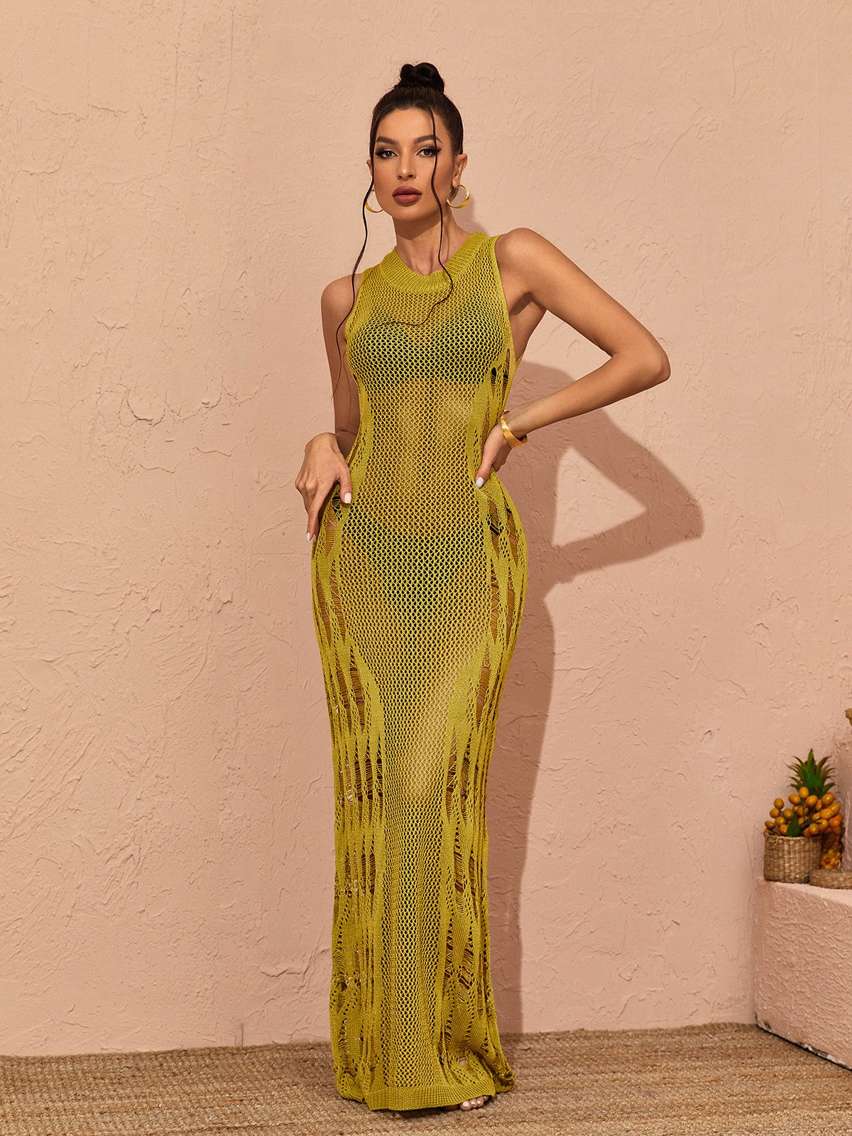Sleeveless Hollow Out Crochet Knit Bodycon Maxi Dress 2