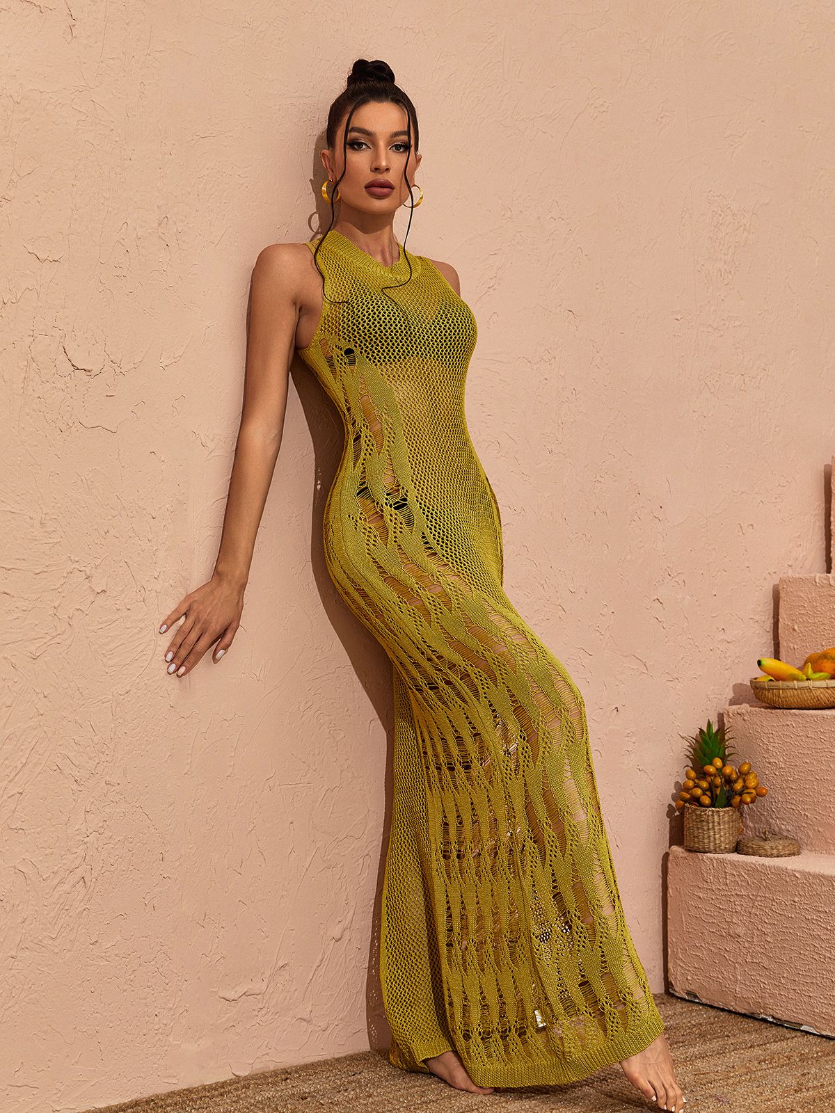 Sleeveless Hollow Out Crochet Knit Bodycon Maxi Dress