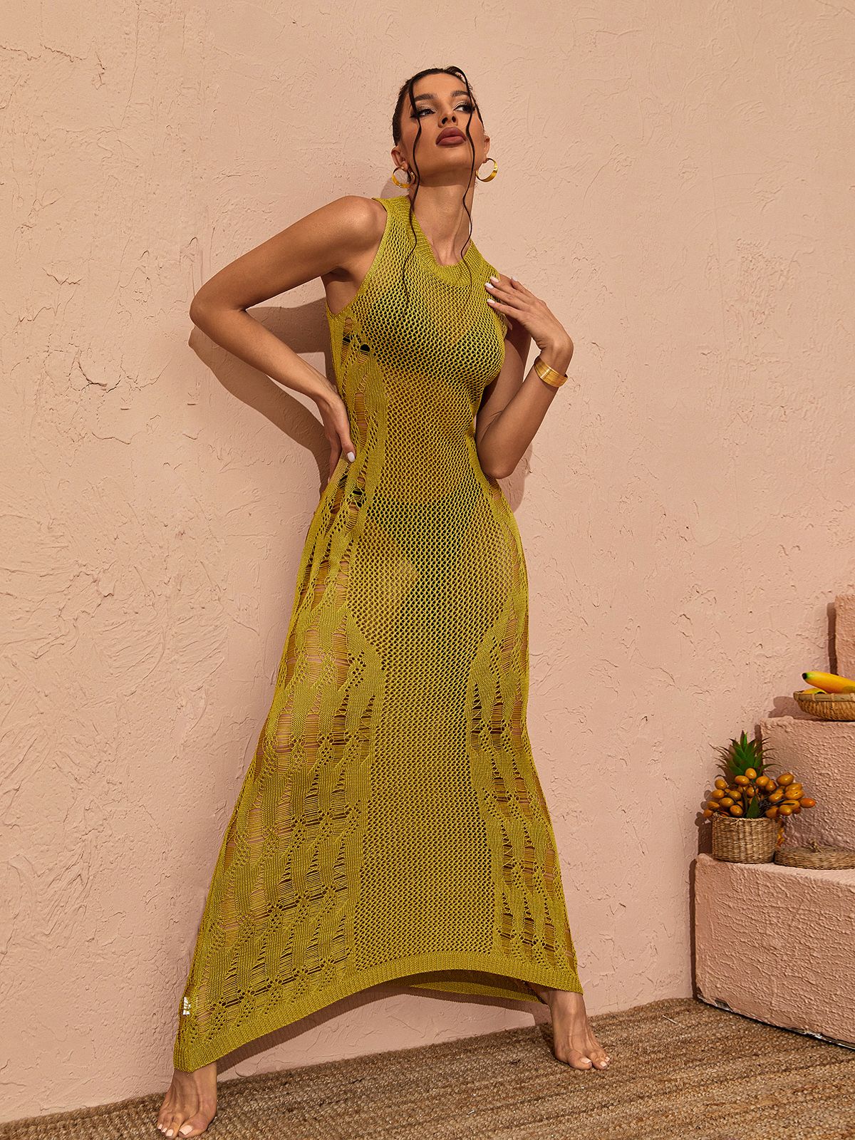 Sleeveless Hollow Out Crochet Knit Bodycon Maxi Dress 3
