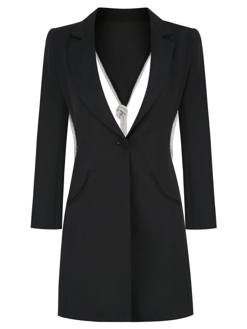 Lapel Collar Long Sleeve Rhinestone Strap Backless Blazer Dress