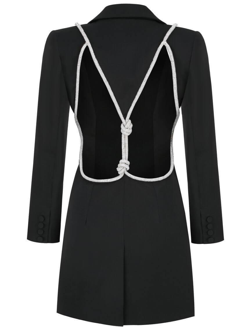 Lapel Collar Long Sleeve Rhinestone Strap Backless Blazer Dress