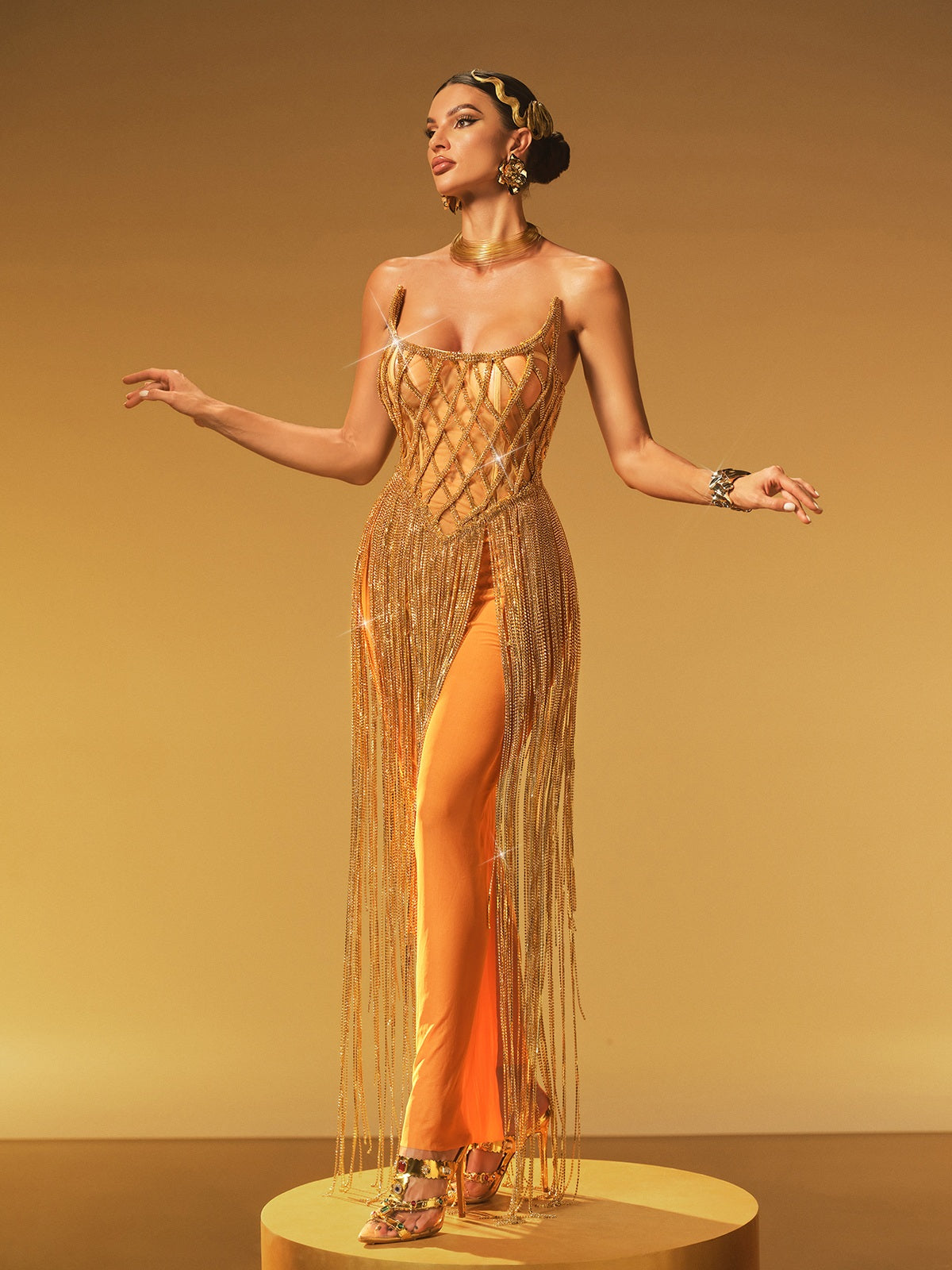Strapless Chain Fringe Mesh Maxi Dress