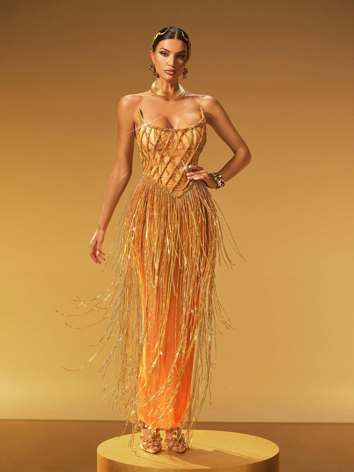 Strapless Chain Fringe Mesh Maxi Dress