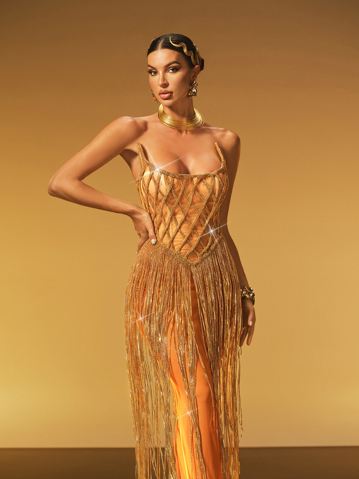 Strapless Chain Fringe Mesh Maxi Dress