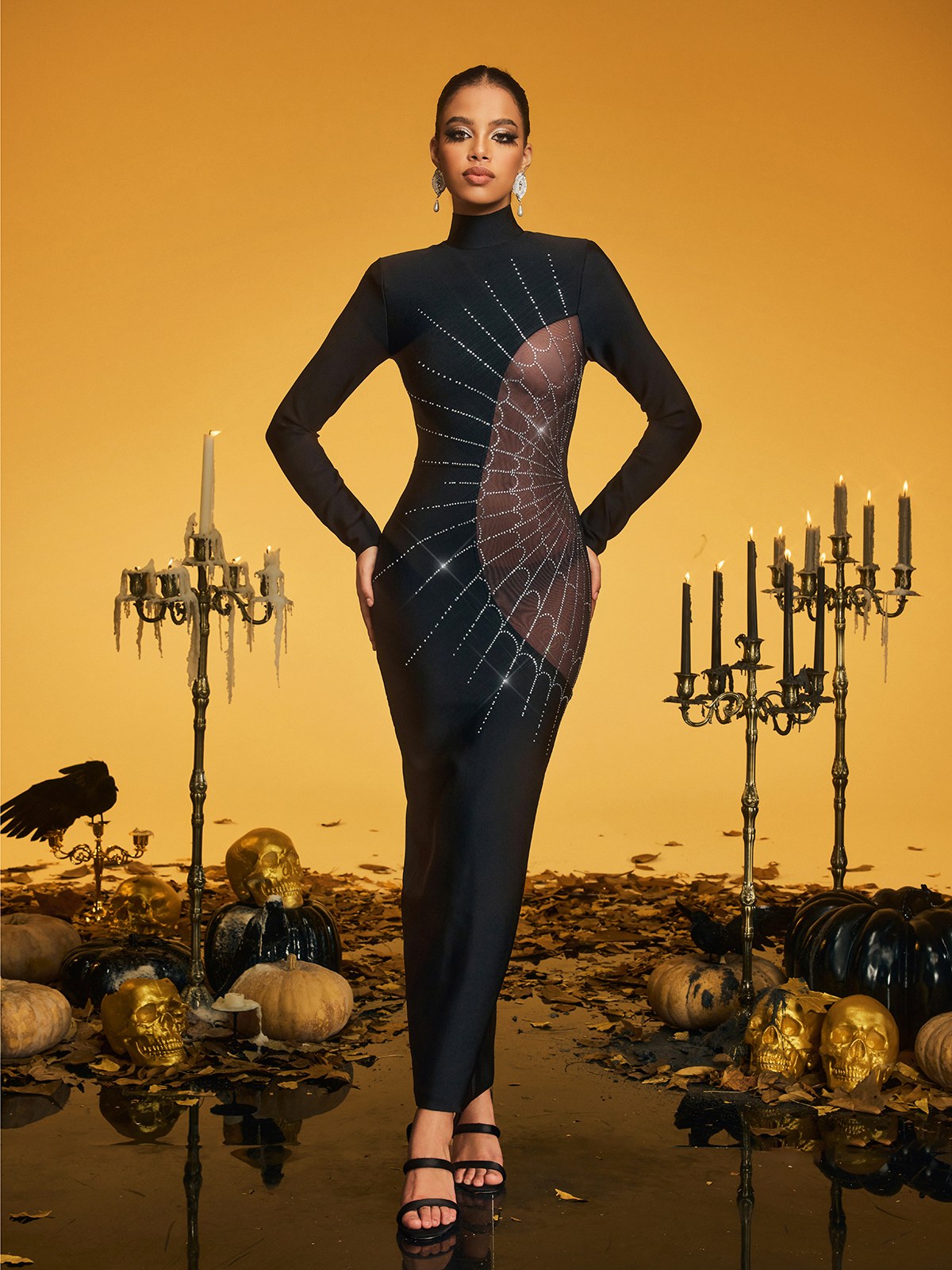 Rhinestone Cobweb Bandage Maxi Dress