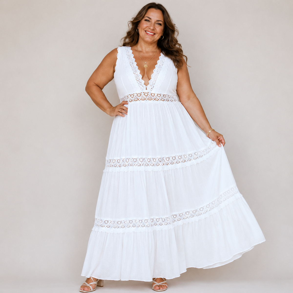 V-Neck Lace Trim Crochet Inset Sleeveless Tiered Boho Maxi Dress
