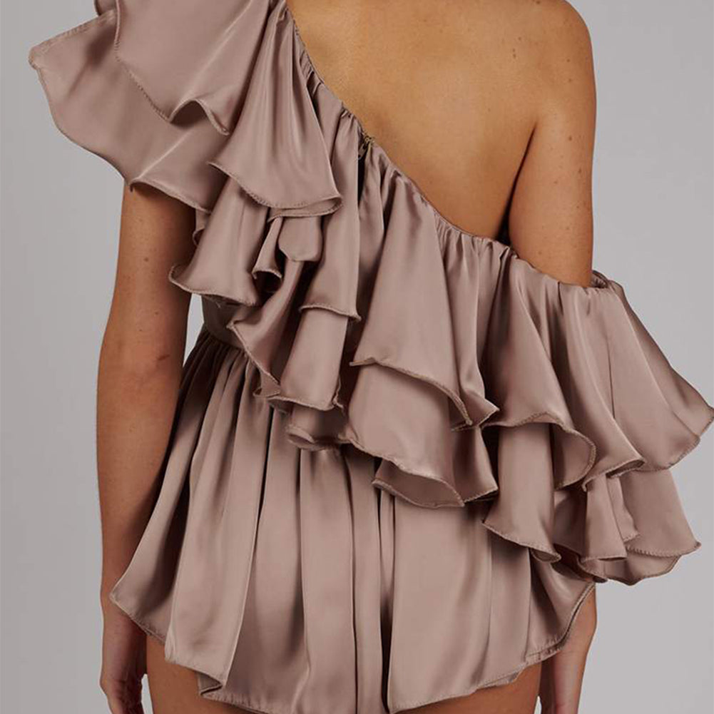 One Shoulder Short Sleeve Frill Bodycon Jumpsuit